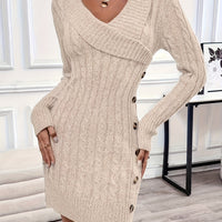 Pullover Cable Knit Dress with Crossover V Neckline and Side Button Details