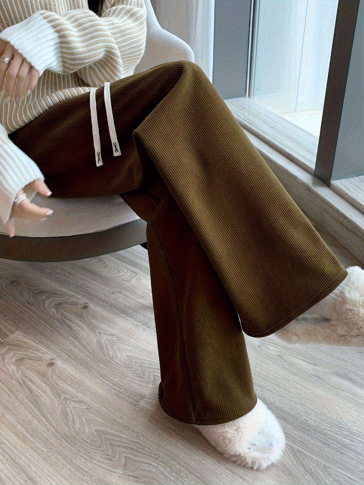 Wide Leg Lounge Pants with Thermal Lining and Elastic Waistband