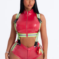 Firefighter Halloween Costume Set for Women with Helmet Crop Top Shorts and Straps in Red