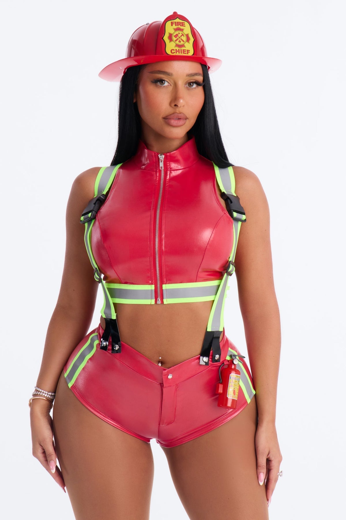 Firefighter Halloween Costume Set for Women with Helmet Crop Top Shorts and Straps in Red