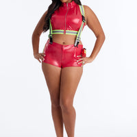 Firefighter Halloween Costume Set for Women with Helmet Crop Top Shorts and Straps in Red