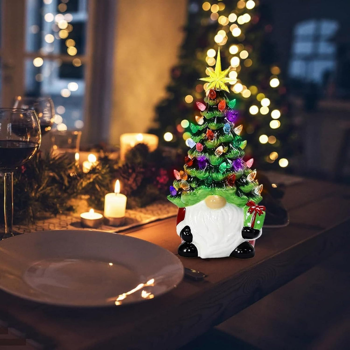 Hand Painted Ceramic Tabletop Christmas Tree with 66 Colorful Beads and Pre Installed Lights