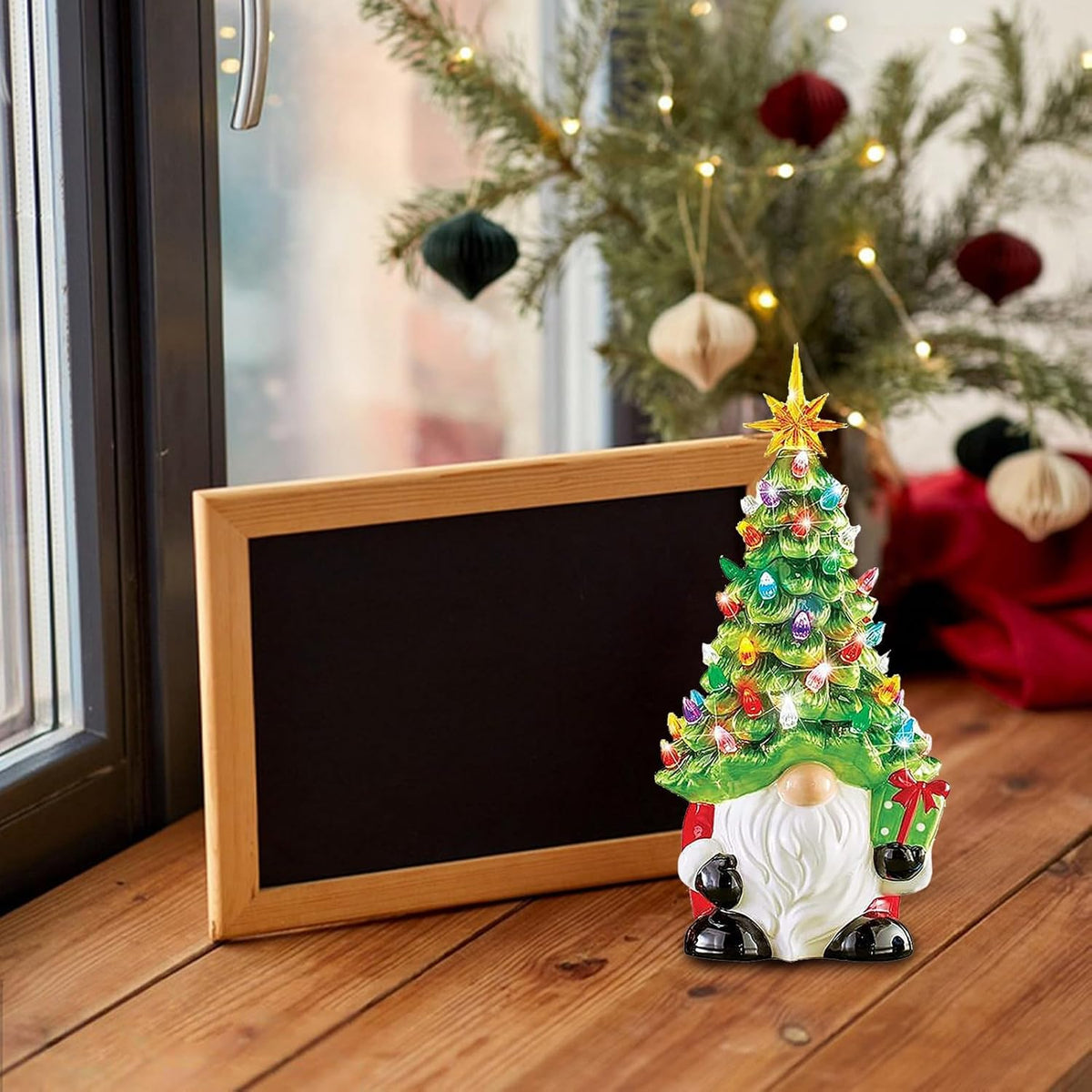 Hand Painted Ceramic Tabletop Christmas Tree with 66 Colorful Beads and Pre Installed Lights
