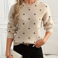 Polka Dot Crew Neck Sweater with Light Stretch and Soft Warm Knit for Fall and Winter