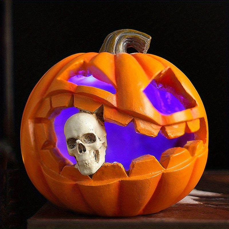 Jack O'Lantern Resin Ornament with Skull Detail and Carved Pumpkin Face