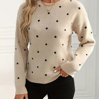 Polka Dot Crew Neck Sweater with Light Stretch and Soft Warm Knit for Fall and Winter