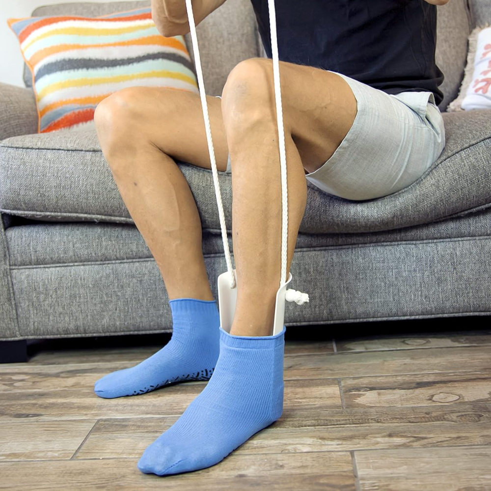 Sock Aid Applicator with Sponge Grip Frame and Pull Straps for Standing Application