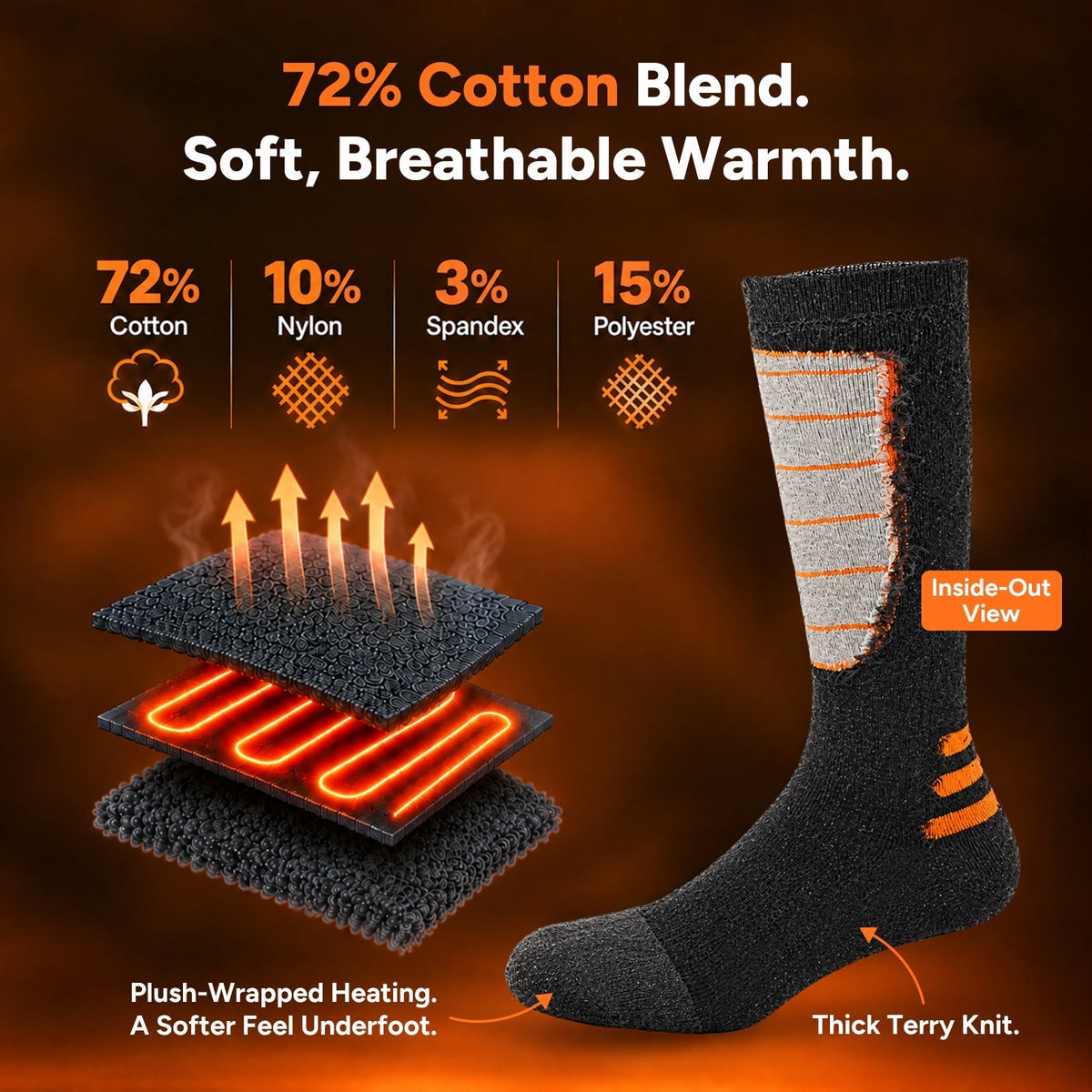 Heated Socks with Adjustable Temperature and Rechargeable Battery, Side Wrap Design