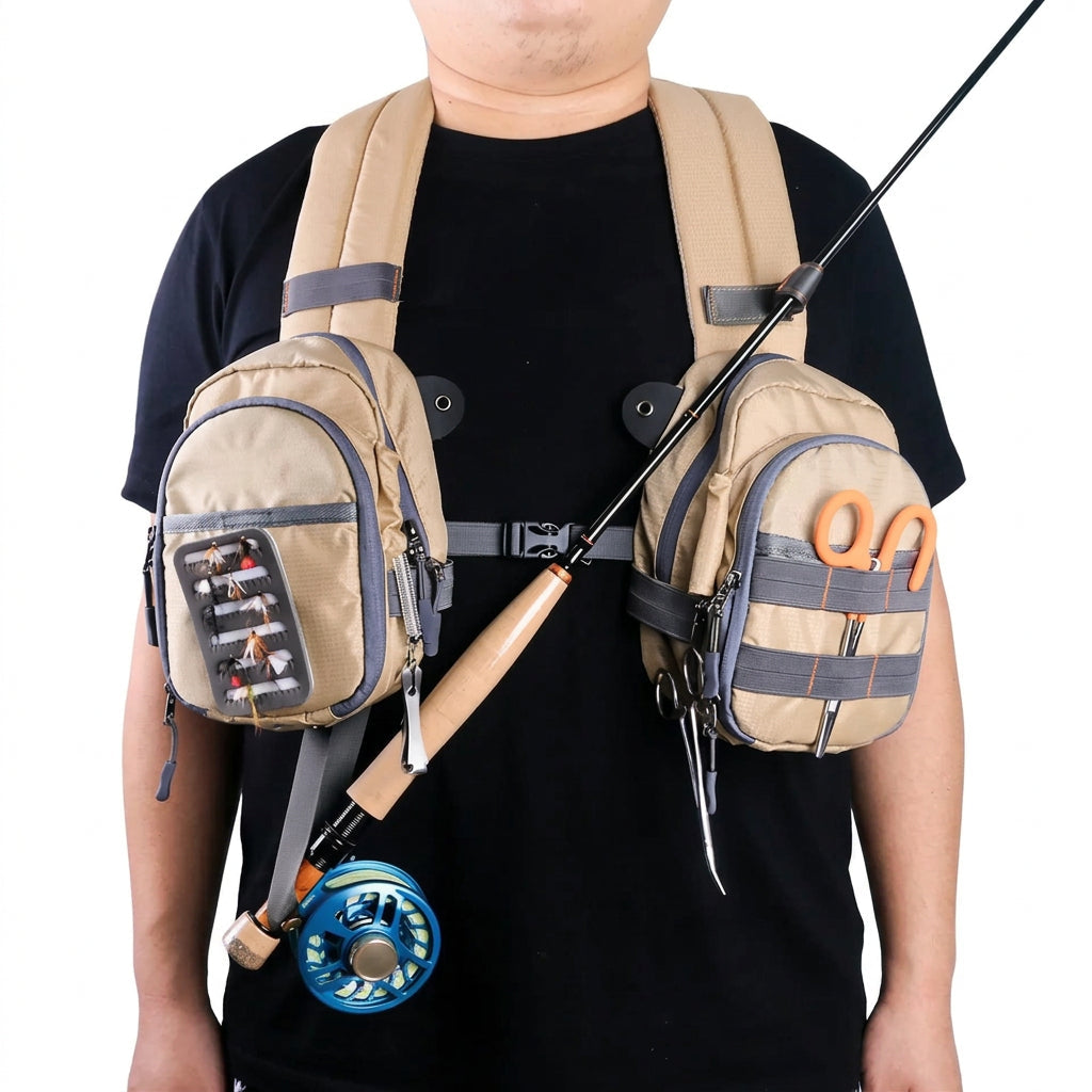 Fly Fishing Chest Bag with Tool Loops and Mesh Pockets, Ventilated Back Panel