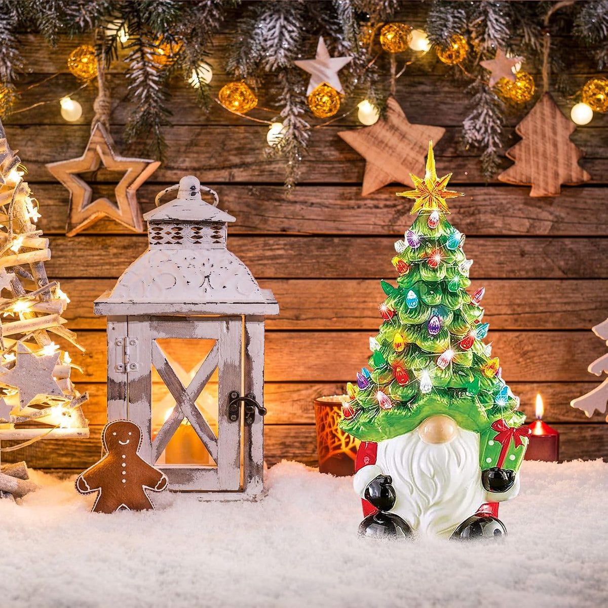 Hand Painted Ceramic Tabletop Christmas Tree with 66 Colorful Beads and Pre Installed Lights