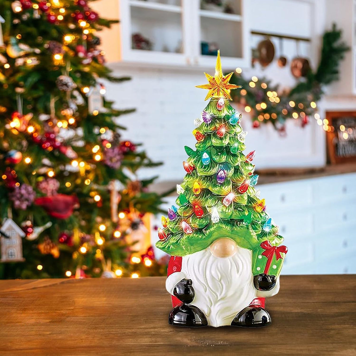 Hand Painted Ceramic Tabletop Christmas Tree with 66 Colorful Beads and Pre Installed Lights