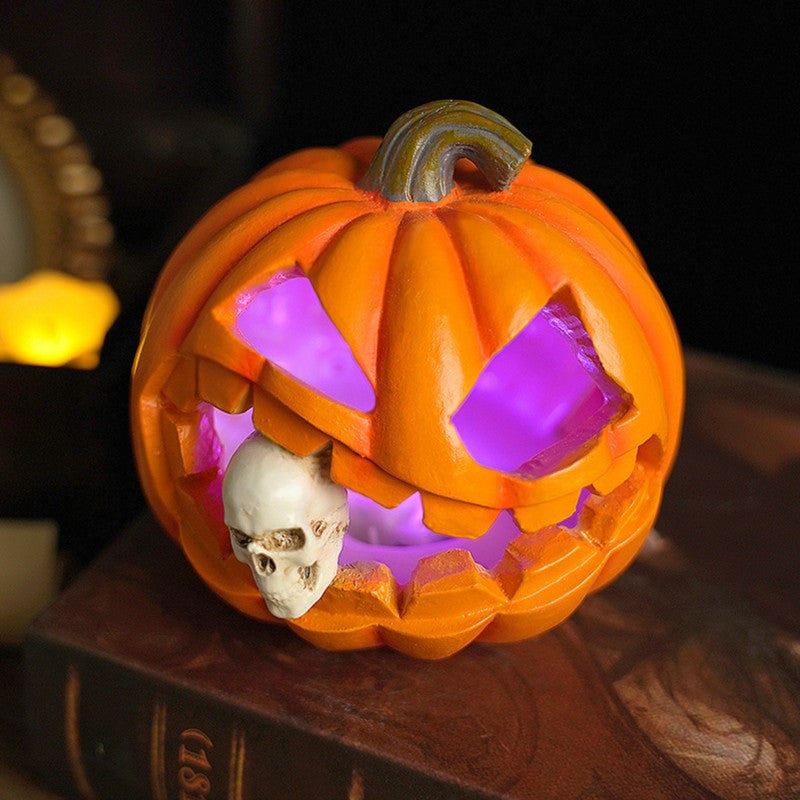 Jack O'Lantern Resin Ornament with Skull Detail and Carved Pumpkin Face