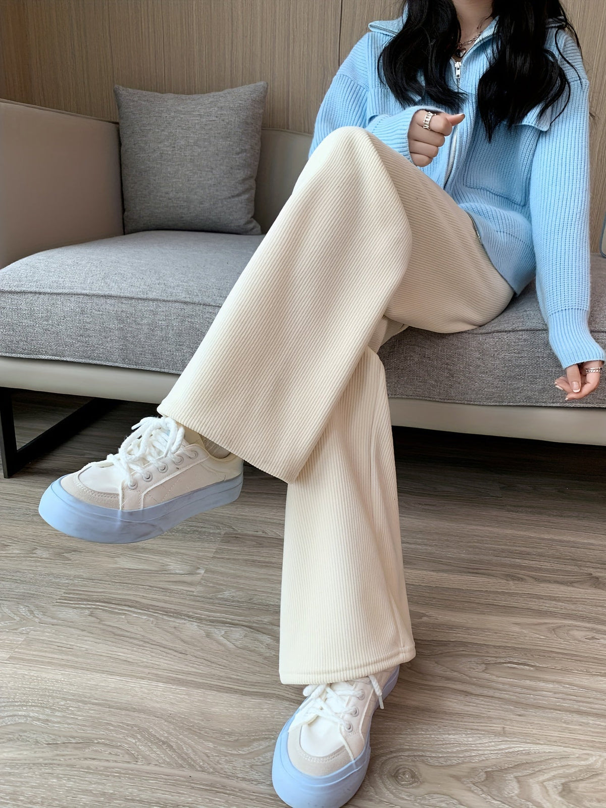 Wide Leg Lounge Pants with Thermal Lining and Elastic Waistband