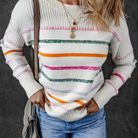 Striped Round Neck Sweater with Relaxed Fit and Soft Textured Feel in Cream Multicolor