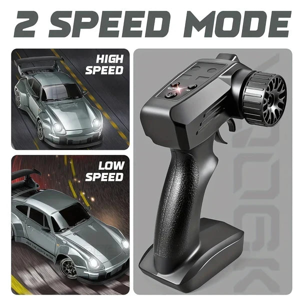 Four Wheel Drive Remote Control Car with LED Lights, Race and Drift Wheels and Mini Traffic Cones