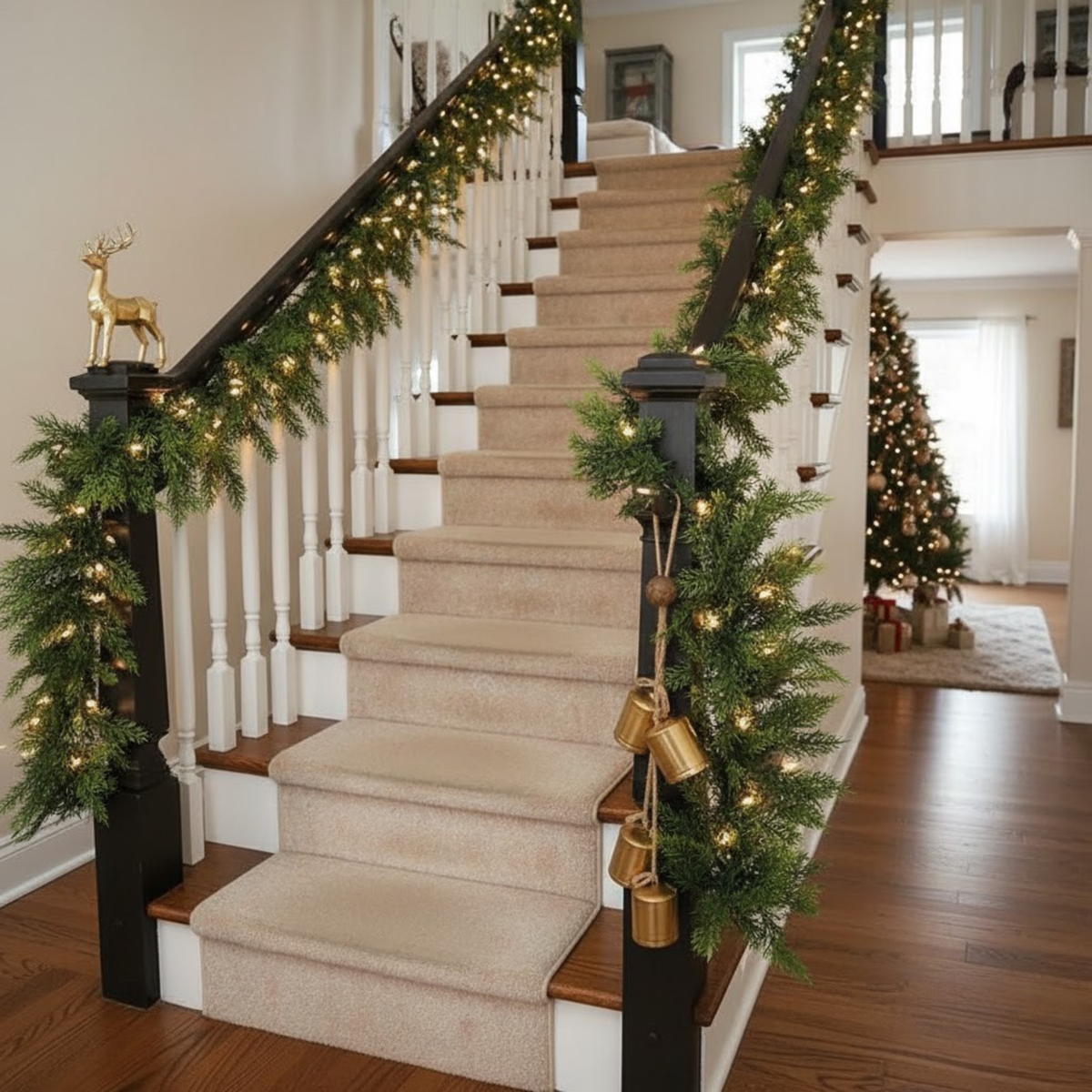 Thick Artificial Cedar Garland Set of 2 with Hanging Loops for Mantels and Staircases