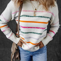 Striped Round Neck Sweater with Relaxed Fit and Soft Textured Feel in Cream Multicolor