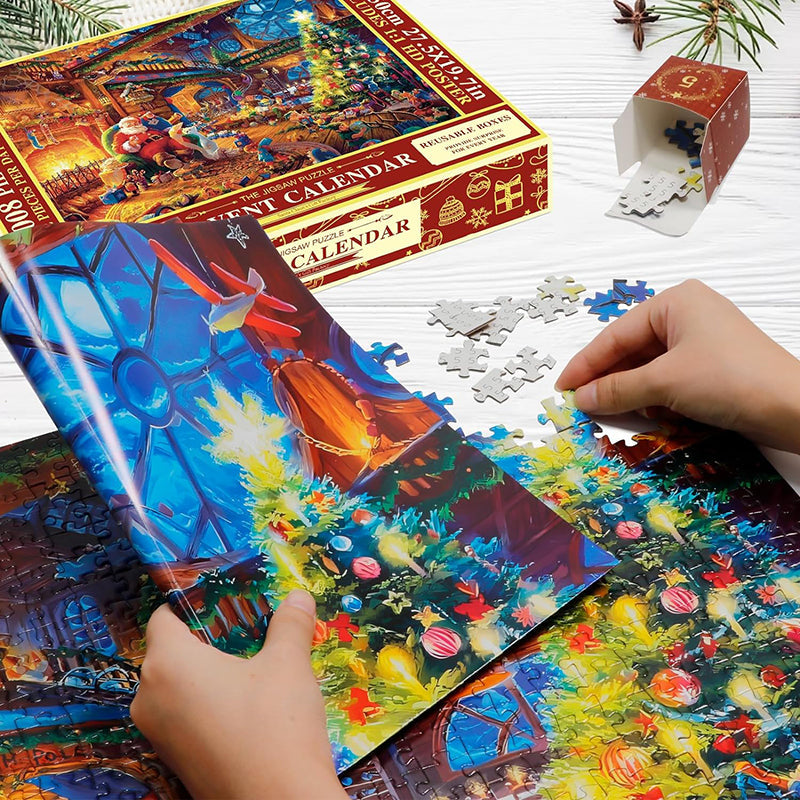 Holiday Puzzle Advent Calendar with 24 Doors, 42 Pieces Behind Each and a Finished Image Poster