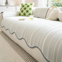 Microfiber Sofa Cover with Herringbone Weave and Scalloped Edge Trim