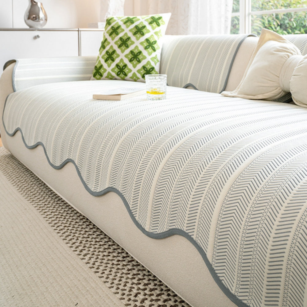 Microfiber Sofa Cover with Herringbone Weave and Scalloped Edge Trim