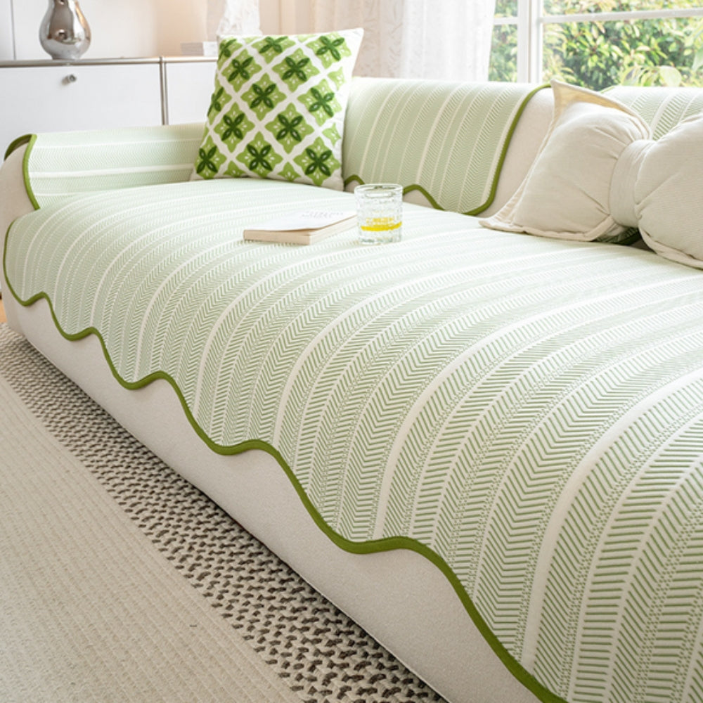 Microfiber Sofa Cover with Herringbone Weave and Scalloped Edge Trim