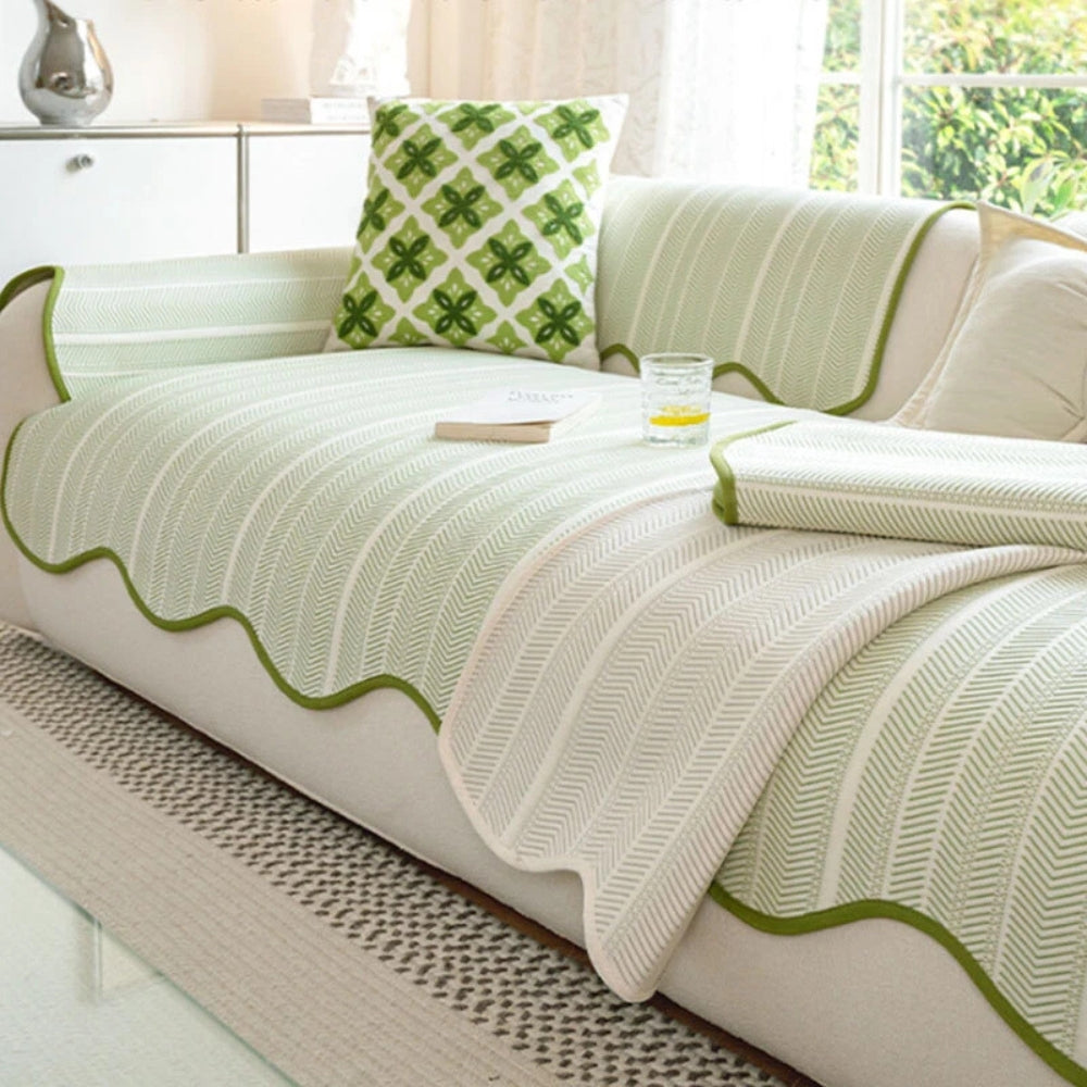 Microfiber Sofa Cover with Herringbone Weave and Scalloped Edge Trim