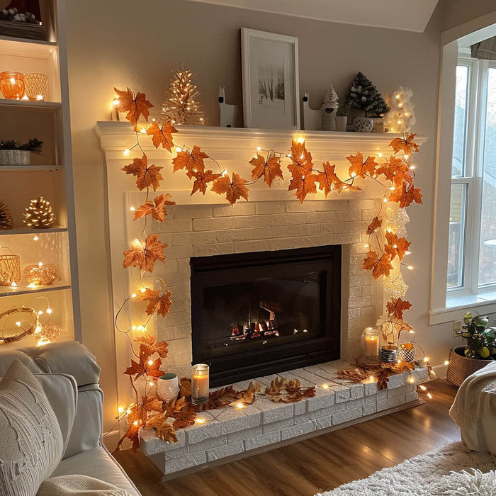 Indoor Garland with Ornaments and Golden Fairy Lights in Five Seasonal Styles for Mantels and Stairs