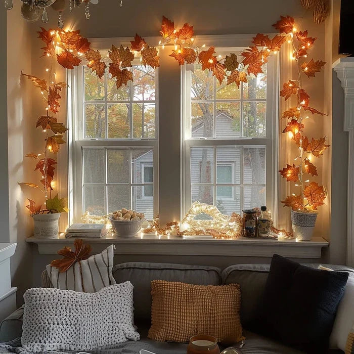 Indoor Garland with Ornaments and Golden Fairy Lights in Five Seasonal Styles for Mantels and Stairs