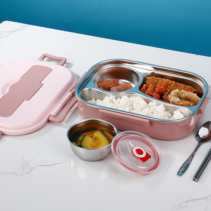 Stainless Steel Lined Bento Lunch Box with Divided Compartments, Soup Bowl and Snap Lid in Four Colors