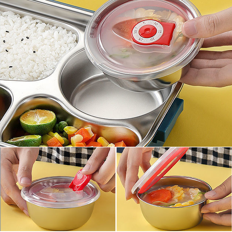 Stainless Steel Lined Bento Lunch Box with Divided Compartments, Soup Bowl and Snap Lid in Four Colors