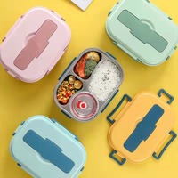 Stainless Steel Lined Bento Lunch Box with Divided Compartments, Soup Bowl and Snap Lid in Four Colors