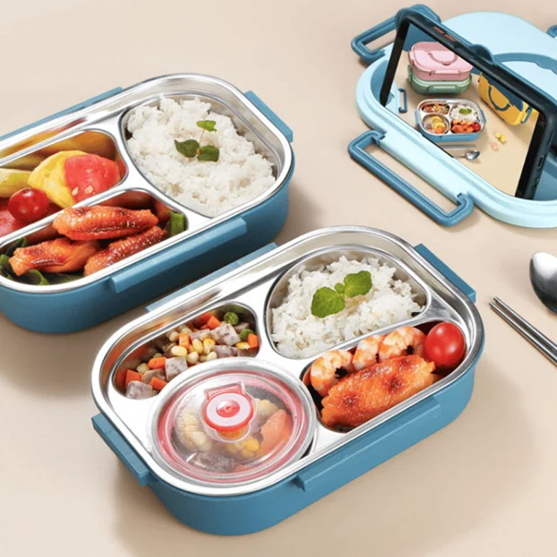 Stainless Steel Lined Bento Lunch Box with Divided Compartments, Soup Bowl and Snap Lid in Four Colors