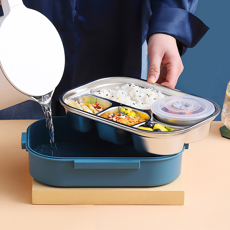Stainless Steel Lined Bento Lunch Box with Divided Compartments, Soup Bowl and Snap Lid in Four Colors