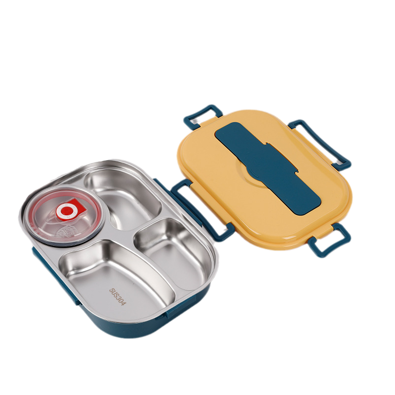 Stainless Steel Lined Bento Lunch Box with Divided Compartments, Soup Bowl and Snap Lid in Four Colors