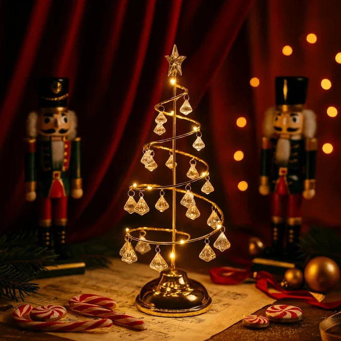 Spiral Light Up Christmas Tree with Golden Glow and Crystal Style Ornaments 12.4 Inches Tall