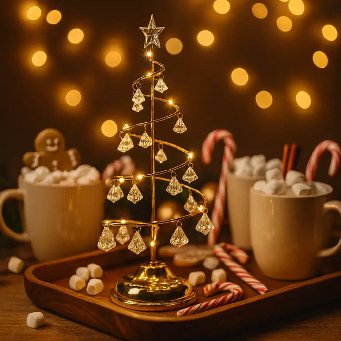 Spiral Light Up Christmas Tree with Golden Glow and Crystal Style Ornaments 12.4 Inches Tall