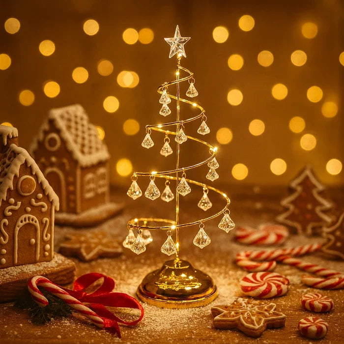Spiral Light Up Christmas Tree with Golden Glow and Crystal Style Ornaments 12.4 Inches Tall