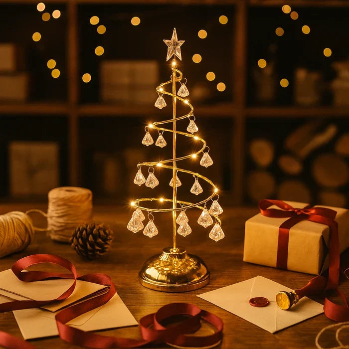 Spiral Light Up Christmas Tree with Golden Glow and Crystal Style Ornaments 12.4 Inches Tall