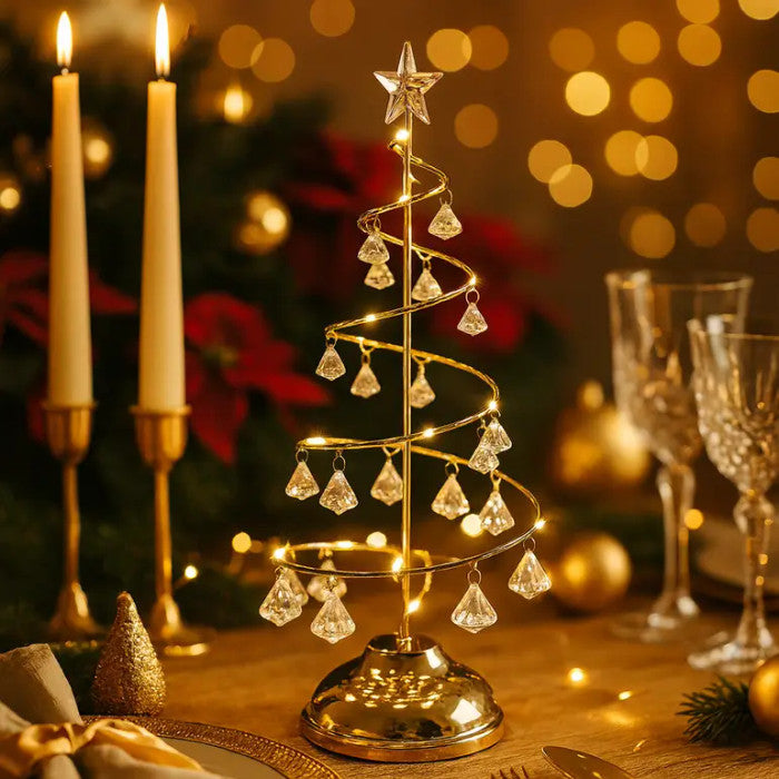 Spiral Light Up Christmas Tree with Golden Glow and Crystal Style Ornaments 12.4 Inches Tall