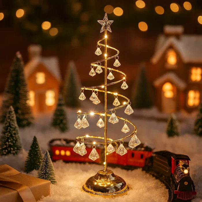 Spiral Light Up Christmas Tree with Golden Glow and Crystal Style Ornaments 12.4 Inches Tall