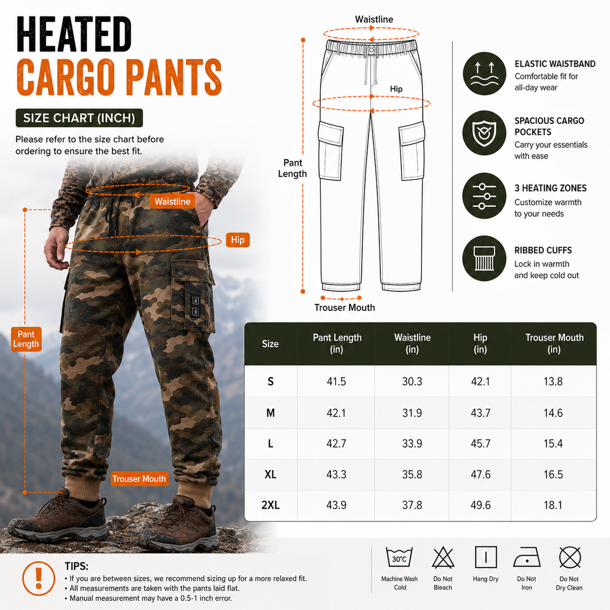 Heated Cargo Pants with 8 Graphene Zones and Independent Heat Control