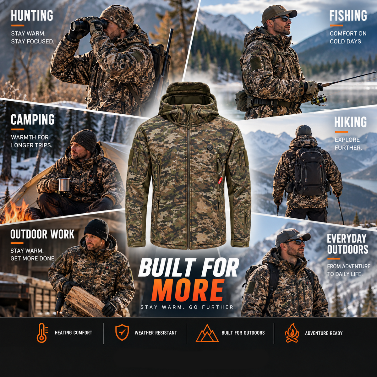 Heated Outdoor Jacket with 7 Warming Zones and Camouflage Pattern, USB Power Bank
