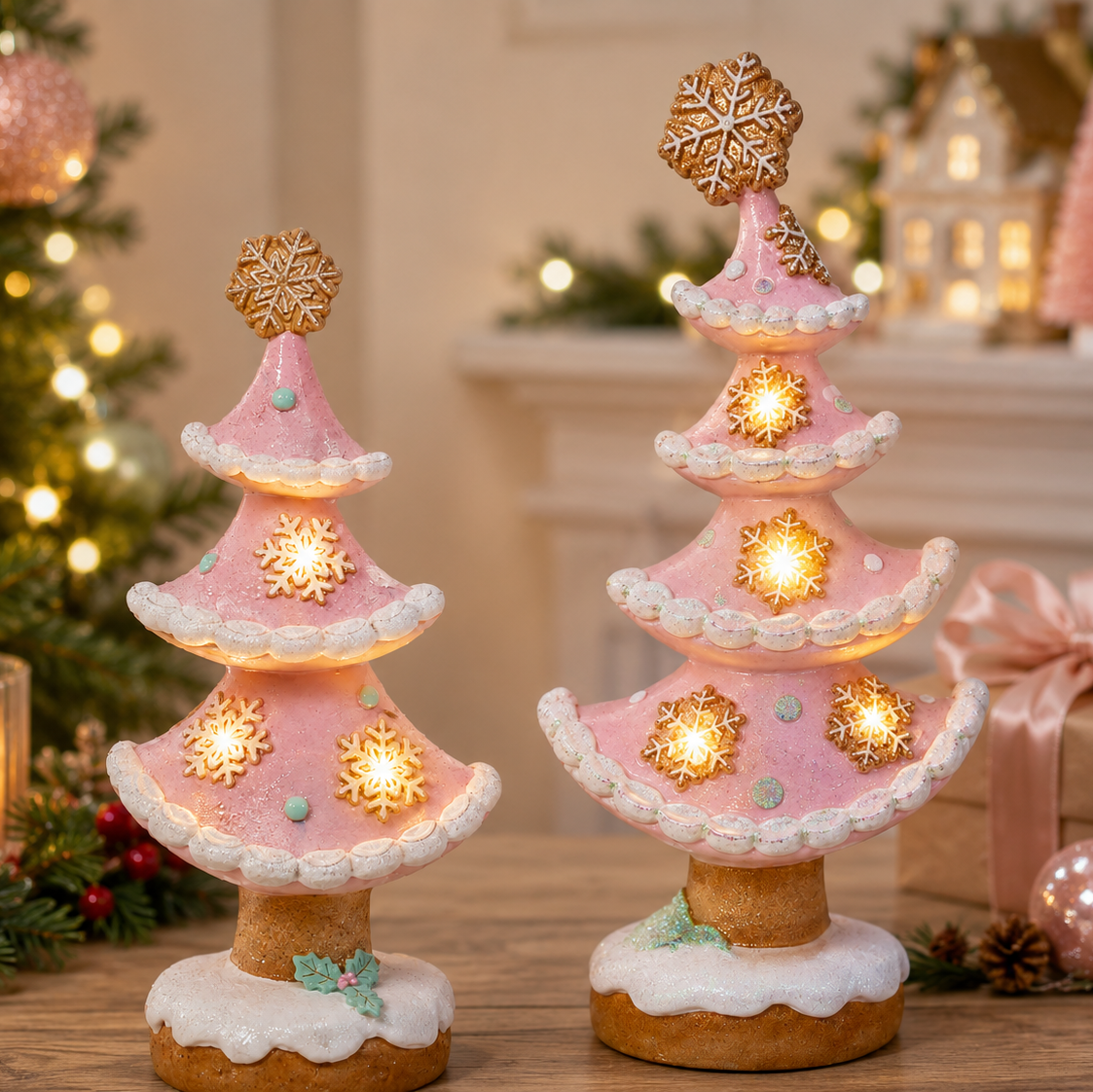 Pink Gingerbread Tabletop Tree with LED Lights and Snowflake Cookie Topper