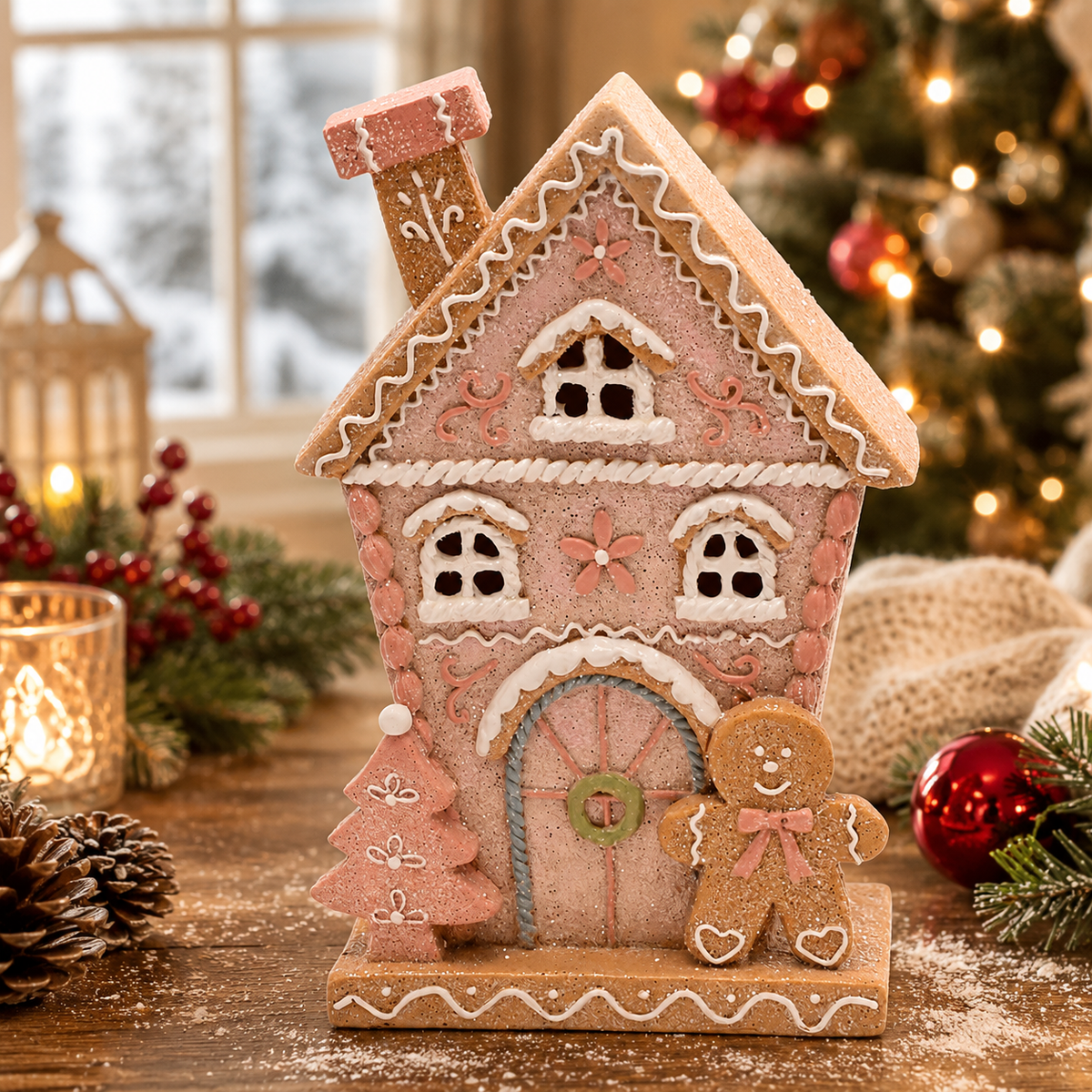 Lighted Gingerbread House with Pastel Resin Details and Internal LED Glow