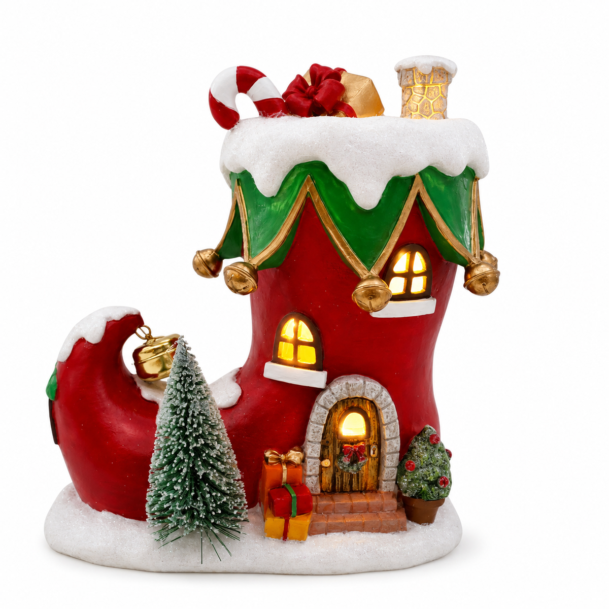 Boot Shaped Resin House with Built-In Light and Molded Holiday Details