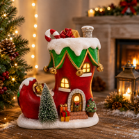 Boot Shaped Resin House with Built-In Light and Molded Holiday Details