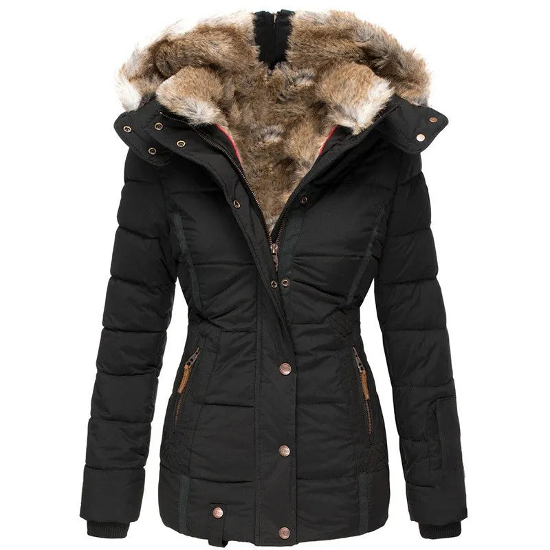 Winter Puffer Coat  Faux Fur Hood Quilted Design - Detailed view
