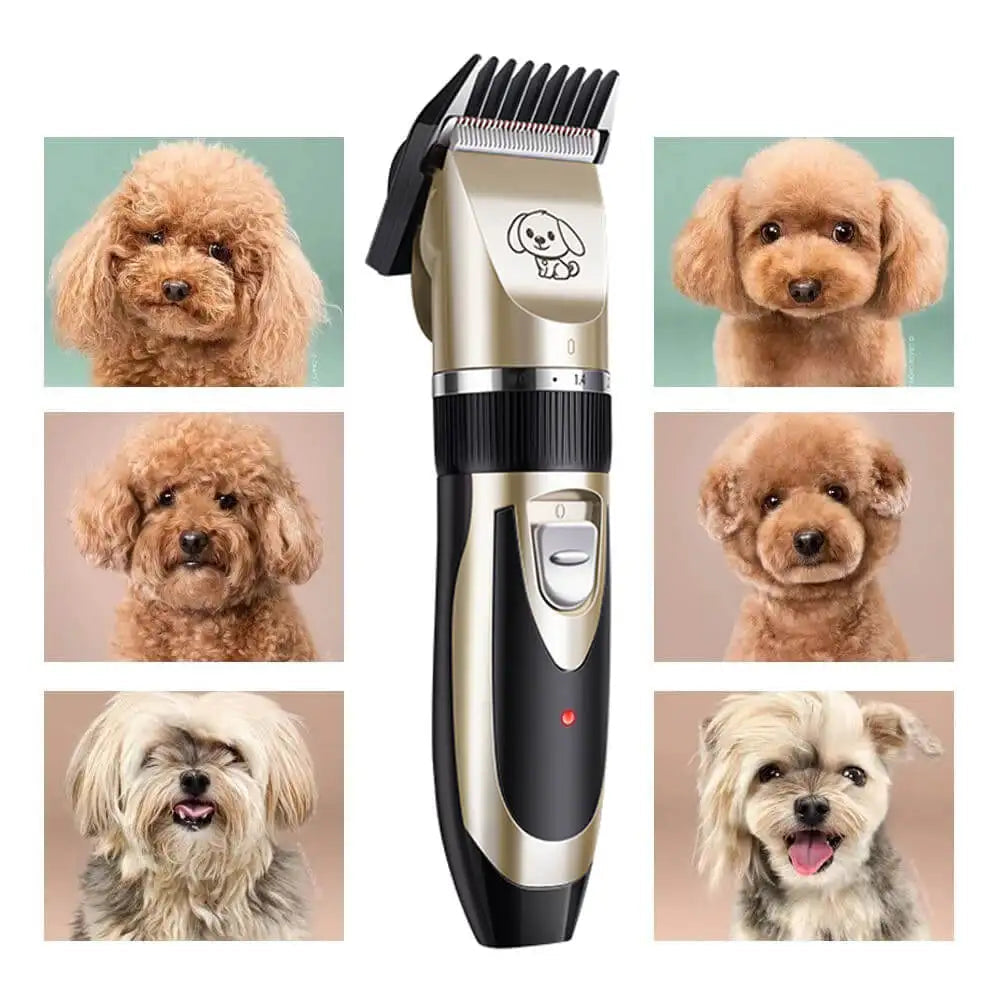 Cordless Rechargeable Pet Fur Trimmer Set with Four Guide Combs, a Cleaning Brush and a Charging Cable