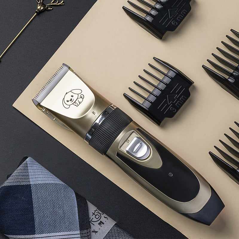 Cordless Rechargeable Pet Fur Trimmer Set with Four Guide Combs, a Cleaning Brush and a Charging Cable