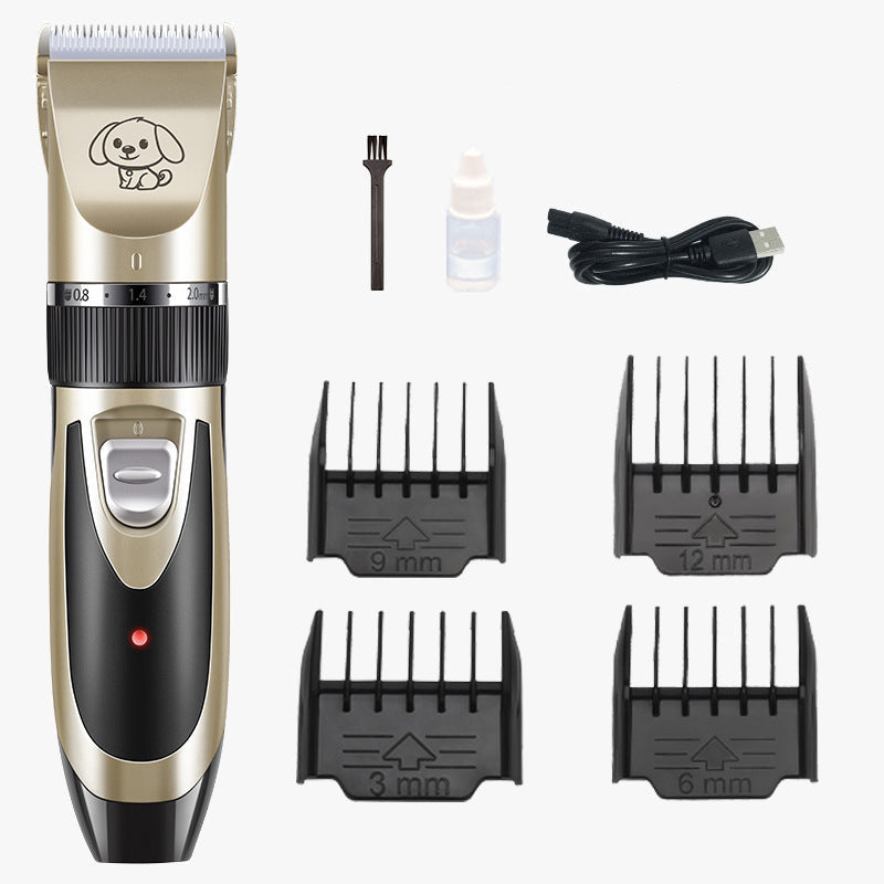 Cordless Rechargeable Pet Fur Trimmer Set with Four Guide Combs, a Cleaning Brush and a Charging Cable